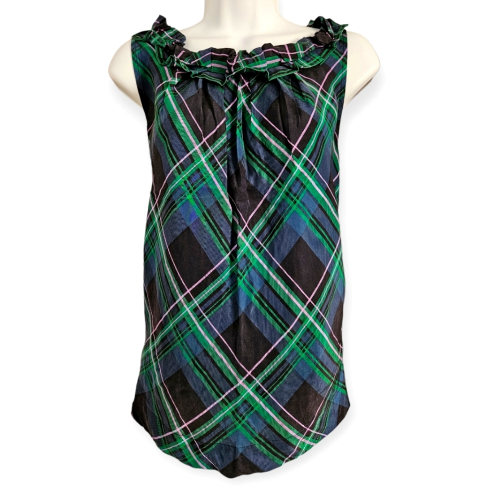 Talbots green blue & black plaid silk ruffled shell blouse top Womens 14